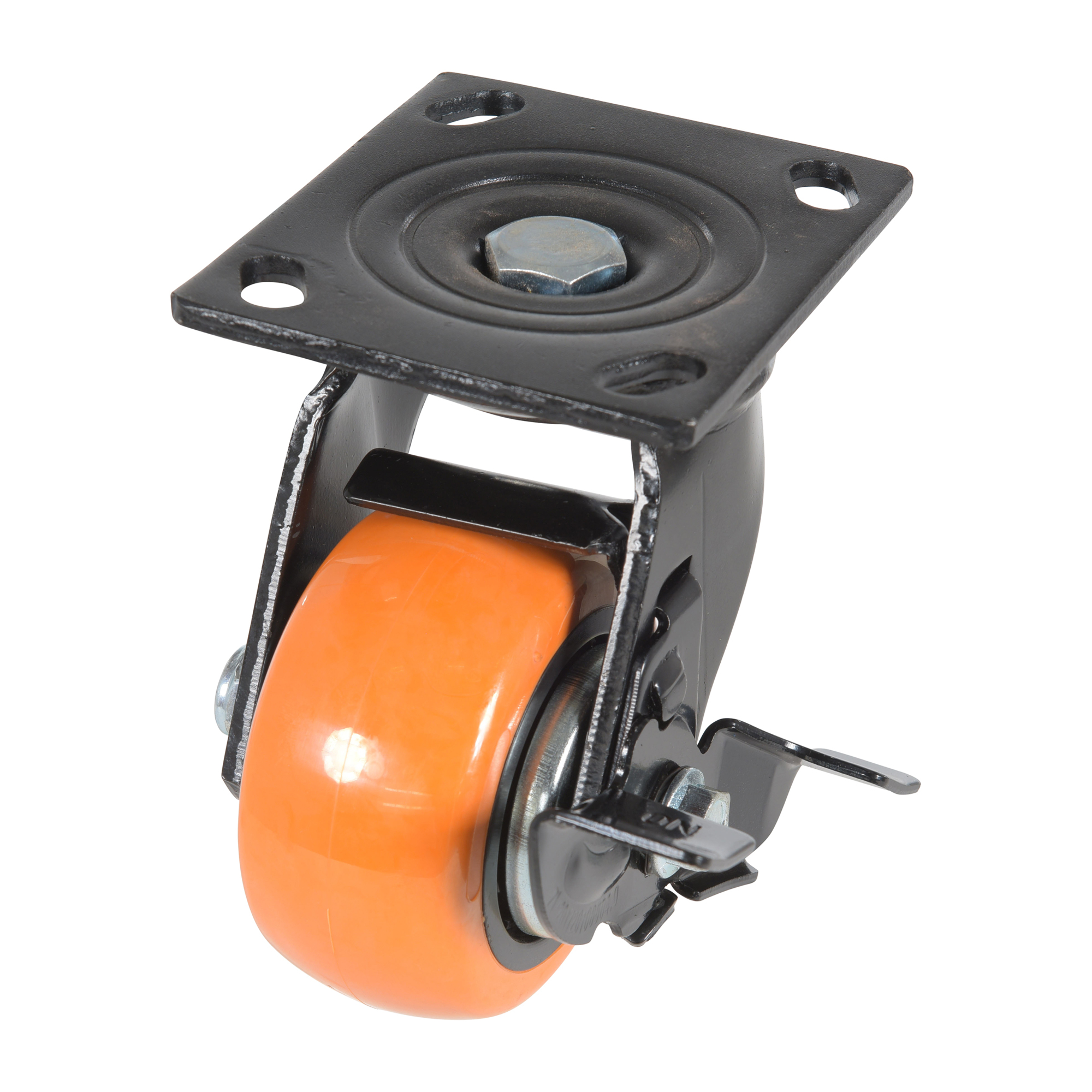 Vestil Polyurethane Swivel Caster with Brake - 4in. x 2in., 551-Lb. Capacity, Zinc Plated, Thread Guard, Model# CST-E6-4X2PUP-SWB